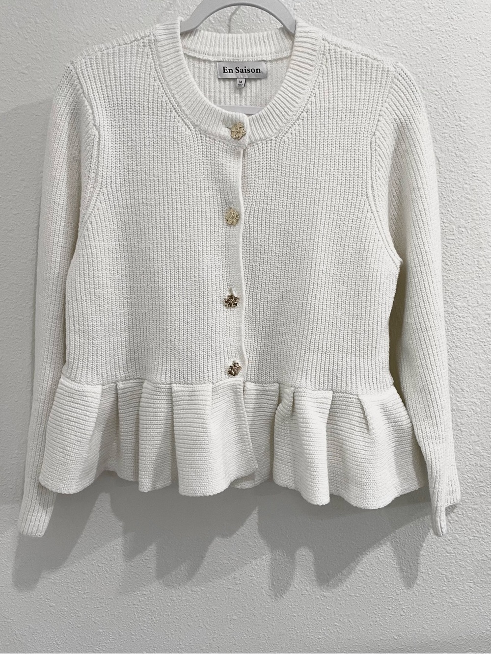 En Saison Neutral Peplum Knit Cardigan Feminine Ruffle Preppy Old Money Button